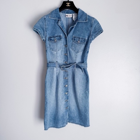 Vtg 90s Y2K Faded Glory denim western belted button down dress blue size 4 - Picture 1 of 6